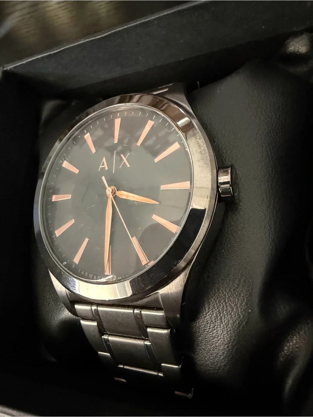 Armani Exchange Black Dial Watch with Rose Gold Accents